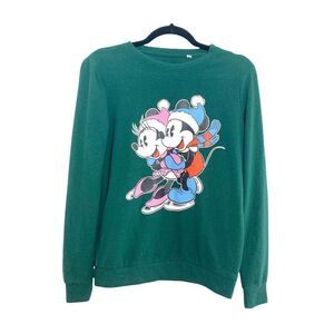Vintage Disney Mickey & Minnie Mouse Crew Neck Fleece Sweater XS Dark Green